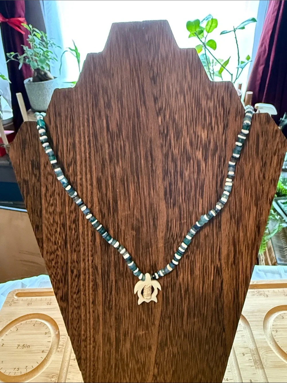 Hand Crafted Beaded Necklace with Turtle Pendant in Teal, Black and White